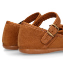 TAN Suede leather little Girl Mary Jane shoes with buckle fastening and BOW.