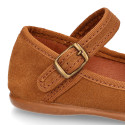 TAN Suede leather little Girl Mary Jane shoes with buckle fastening and BOW.