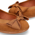 TAN Suede leather little Girl Mary Jane shoes with buckle fastening and BOW.