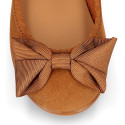 TAN Suede leather little Girl Mary Jane shoes with buckle fastening and BOW.