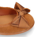 TAN Suede leather little Girl Mary Jane shoes with buckle fastening and BOW.