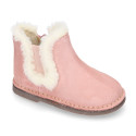 Suede leather kids ankle boot shoes with elastic and lining design in faux fur.