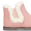 Suede leather kids ankle boot shoes with elastic and lining design in faux fur.