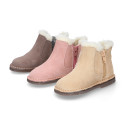 Suede leather kids ankle boot shoes with elastic and lining design in faux fur.