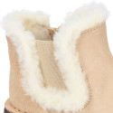 Suede leather kids ankle boot shoes with elastic and lining design in faux fur.