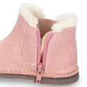 Suede leather kids ankle boot shoes with elastic and lining design in faux fur.