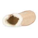 Suede leather kids ankle boot shoes with elastic and lining design in faux fur.