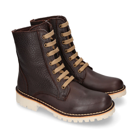BIKER style Nappa leather kids boots with zipper closure and laces in brown color.