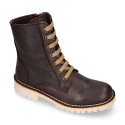 BIKER style Nappa leather kids boots with zipper closure and laces in brown color.