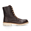 BIKER style Nappa leather kids boots with zipper closure and laces in brown color.