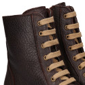 BIKER style Nappa leather kids boots with zipper closure and laces in brown color.