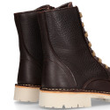 BIKER style Nappa leather kids boots with zipper closure and laces in brown color.