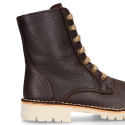 BIKER style Nappa leather kids boots with zipper closure and laces in brown color.