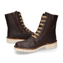 BIKER style Nappa leather kids boots with zipper closure and laces in brown color.