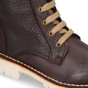 BIKER style Nappa leather kids boots with zipper closure and laces in brown color.