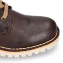 BIKER style Nappa leather kids boots with zipper closure and laces in brown color.