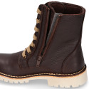 BIKER style Nappa leather kids boots with zipper closure and laces in brown color.