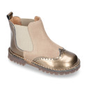 Combined leather kids ankle boots with elastic band and thick outsole.