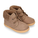 Autumn winter canvas casual KIDS ankle boots with fake hair neck design.