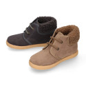 Autumn winter canvas casual KIDS ankle boots with fake hair neck design.