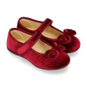 Shiny Velvet canvas girl Mary Jane shoes with RIBBON design.