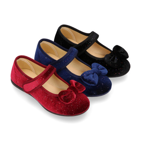 Shiny Velvet canvas girl Mary Jane shoes with RIBBON design.