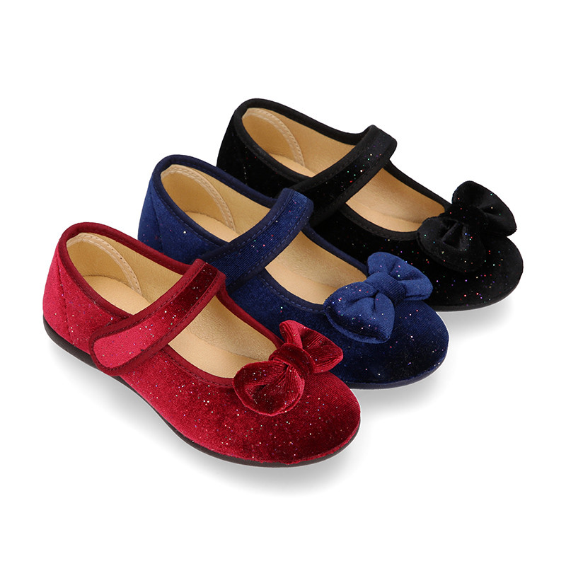 Shiny Velvet canvas girl Mary Jane shoes with RIBBON design