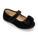 Shiny Velvet canvas girl Mary Jane shoes with RIBBON design.