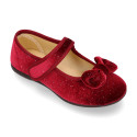 Shiny Velvet canvas girl Mary Jane shoes with RIBBON design.