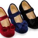 Shiny Velvet canvas girl Mary Jane shoes with RIBBON design.