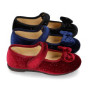 Shiny Velvet canvas girl Mary Jane shoes with RIBBON design.