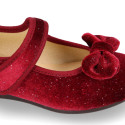 Shiny Velvet canvas girl Mary Jane shoes with RIBBON design.