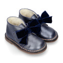 Pearl Nappa leather Girl Safari Boots with hook and loop strap closure with velvet BOW.