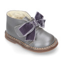 Pearl Nappa leather Girl Safari Boots with hook and loop strap closure with velvet BOW.