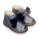 Pearl Nappa leather Girl Safari Boots with hook and loop strap closure with velvet BOW.