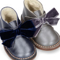 Pearl Nappa leather Girl Safari Boots with hook and loop strap closure with velvet BOW.