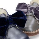 Pearl Nappa leather Girl Safari Boots with hook and loop strap closure with velvet BOW.