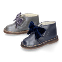 Pearl Nappa leather Girl Safari Boots with hook and loop strap closure with velvet BOW.