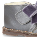 Pearl Nappa leather Girl Safari Boots with hook and loop strap closure with velvet BOW.