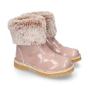 Kids Ankle boots with FAKE HAIR neck design in patent leather.