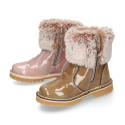 Kids Ankle boots with FAKE HAIR neck design in patent leather.