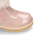 Kids Ankle boots with FAKE HAIR neck design in patent leather.