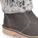 Kids Ankle boots with FAKE HAIR neck design in suede leather.