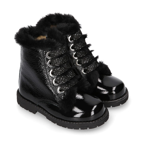 ROCK style BLACK patent finish girl boots with fake hair design.