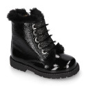 ROCK style BLACK patent finish girl boots with fake hair design.