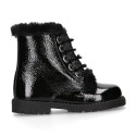 ROCK style BLACK patent finish girl boots with fake hair design.