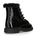 ROCK style BLACK patent finish girl boots with fake hair design.