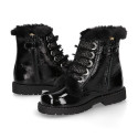 ROCK style BLACK patent finish girl boots with fake hair design.
