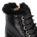 ROCK style BLACK patent finish girl boots with fake hair design.