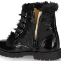 ROCK style BLACK patent finish girl boots with fake hair design.